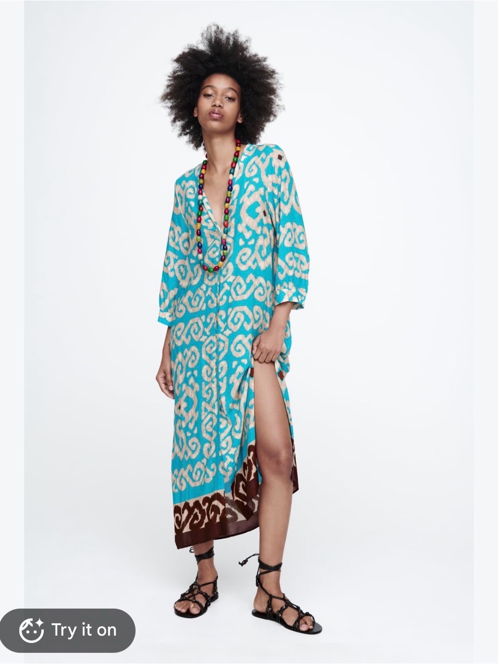 Turquoise Patterned V-Neck Swim Cover-Up Dress
